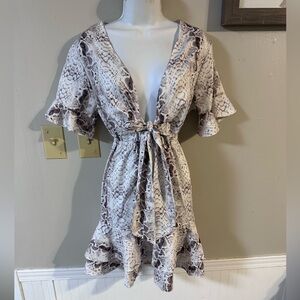 Snake Print Tie-Front Ruffle Dress - White/Brown